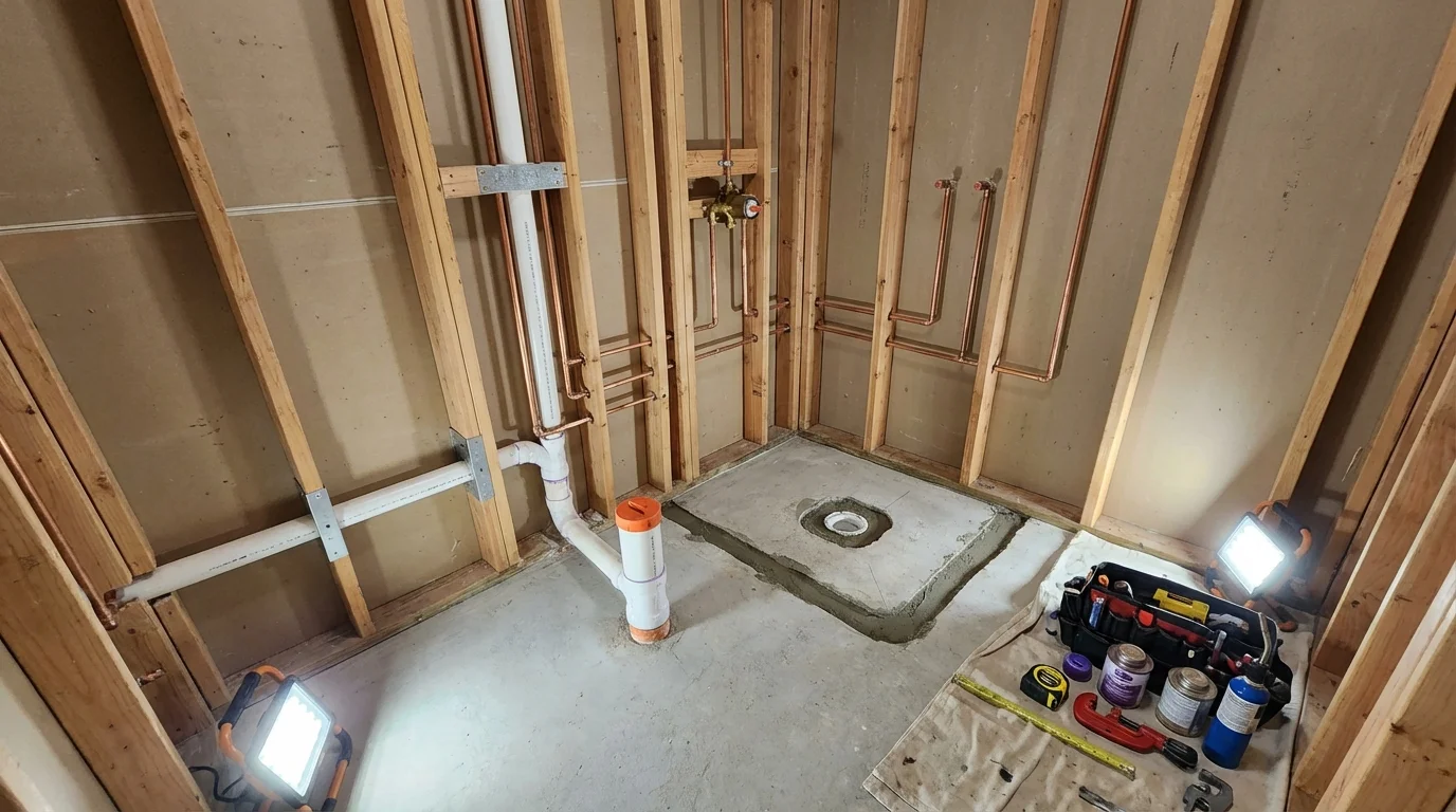 Bathroom rough-in plumbing during remodel by Johns Plumbing LLC in Sheffield Lake