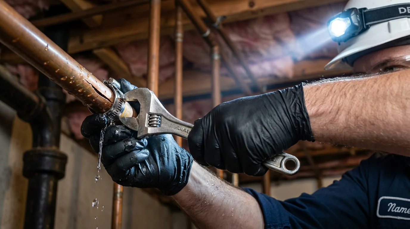 Emergency pipe clamp repair being performed by a Johns Plumbing LLC plumber in Sheffield Lake