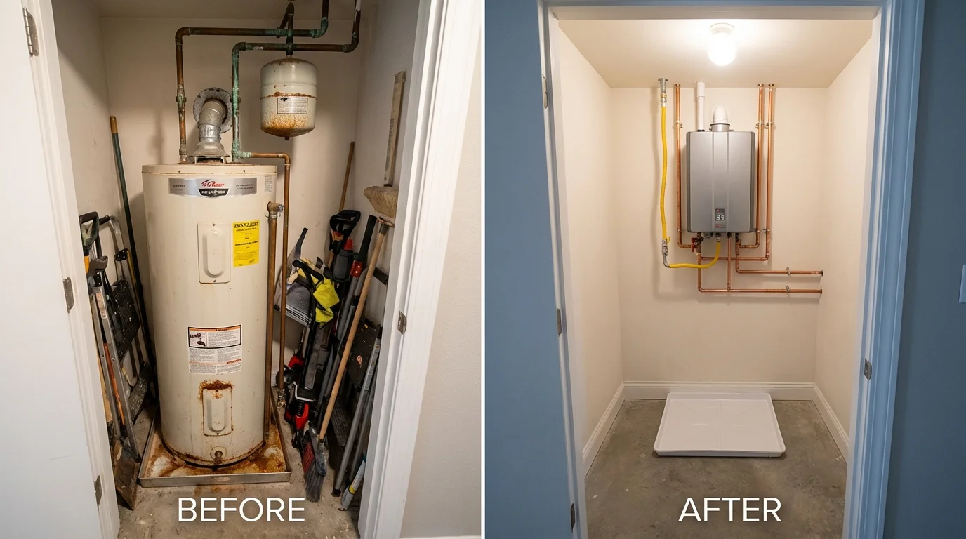 Tank water heater versus wall-mounted tankless unit comparison for Sheffield Lake, OH homeowners