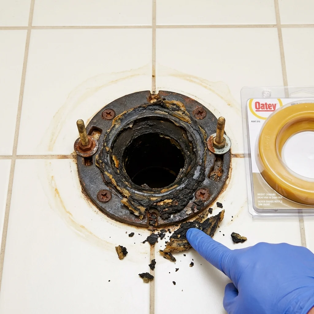 Failed wax ring showing water seepage at the base of a toilet in a Sheffield Lake, OH home