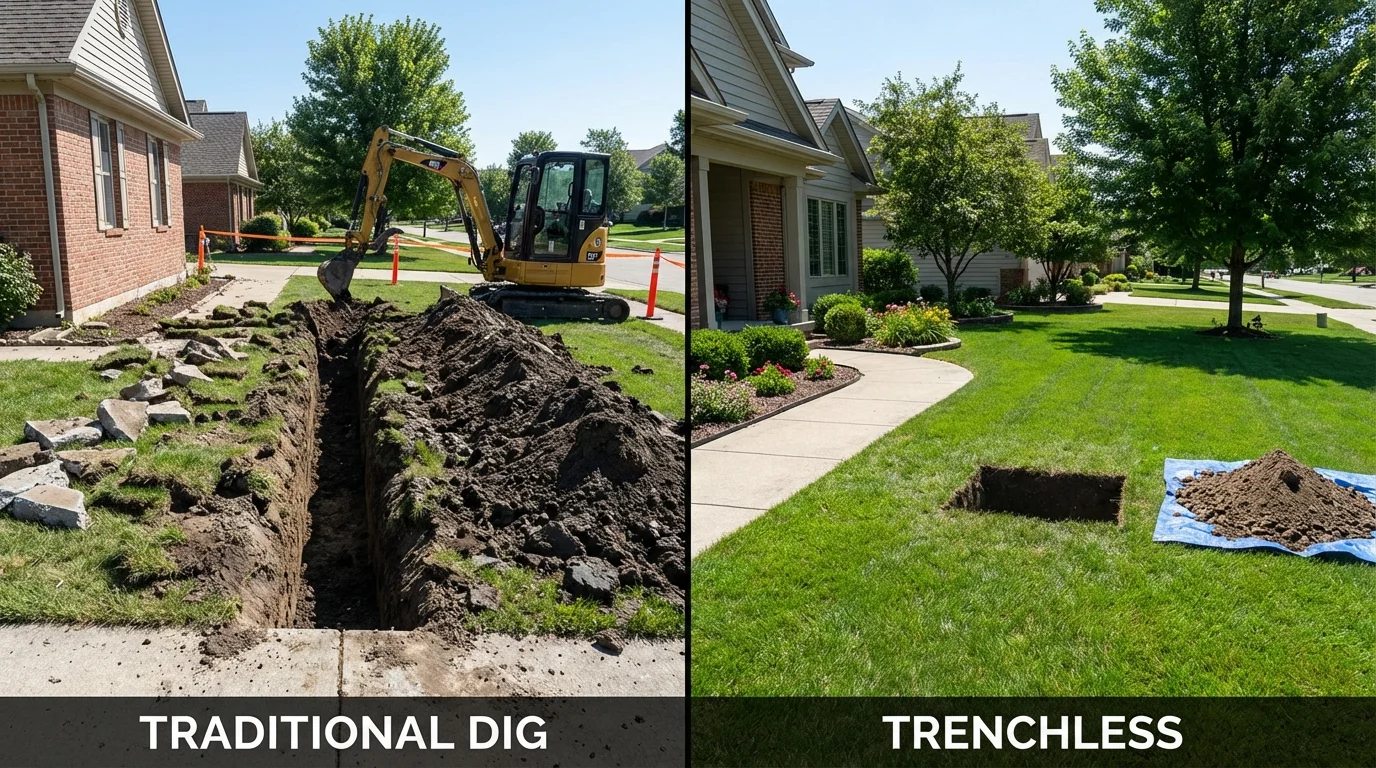 Trenchless sewer repair with minimal yard damage versus traditional excavation in Sheffield Lake, OH