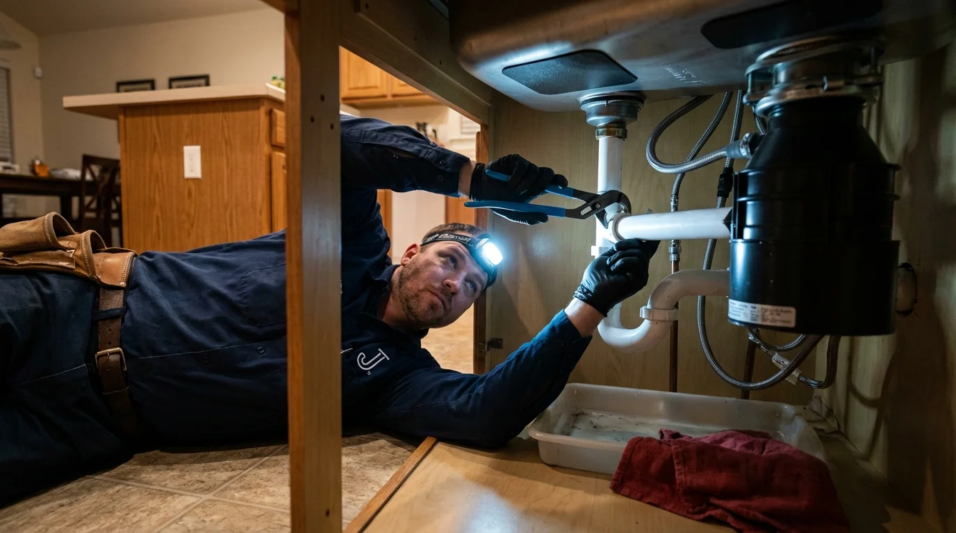 P-trap and supply line connections under a kitchen sink showing a common leak point in Sheffield Lake, OH